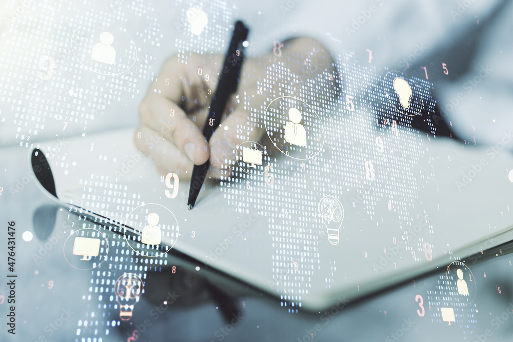 Poster double exposure of social network icons concept with world map and man hand writing in notebook on b