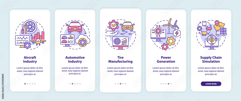 Poster digital twin usage onboarding mobile app screen. automotive industry walkthrough 5 steps graphic ins
