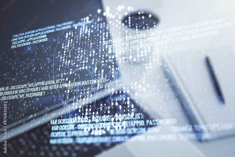 Poster creative code skull sketch on modern laptop background, theft of personal data and malware concept. 