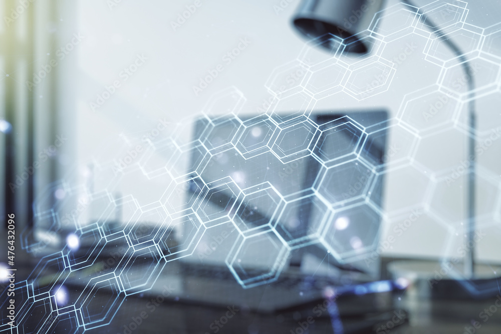 Poster creative concept of wireless technology with hexagon hologram on modern laptop background. big data 