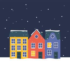 Obraz na płótnie Canvas Winter illustration with cute colorful houses. Snowy city, town or village with falling snow. Template for Christmas card. Winter city landscape at night. Vector flat illustration.
