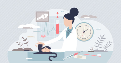 Veterinary technician work and animal healthcare doctor tiny person concept. Pets examination and expertise job to help cats and dogs to determinate diagnosis vector illustration. Vet tech daily scene