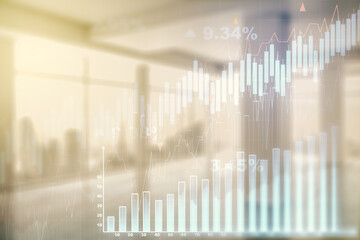Double exposure of abstract creative financial chart hologram on empty modern office background, research and strategy concept