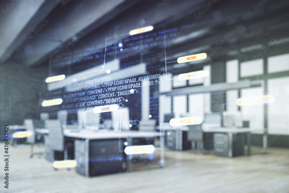 Poster double exposure of abstract programming language interface on modern corporate office background, re