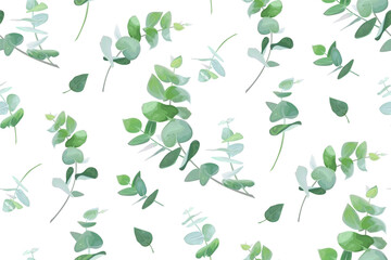 Materiał do szycia Vector eucalyptus tree greenery, green leaves, branches seamless pattern. Beautiful botanical watercolor textile fabric, background, paper print design. Stylish, elegant vector decorative illustration