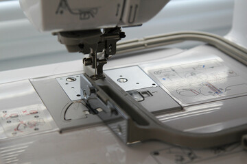 Closeup view of needle and foot of sewing machine.