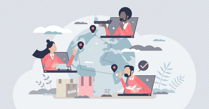 Supply chain management employees with scm control with tiny person concept. Logistics, transportation and shipping planning for products distribution worldwide vector illustration. Delivery flow.