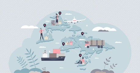 Fototapeta na wymiar Supply chain management with cargo logistics and sourcing process tiny person concept. Worldwide transportation and shipping scheme for inventory storage control and products flow vector illustration.
