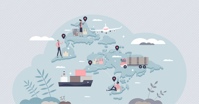 Supply chain management with cargo logistics and sourcing process tiny person concept. Worldwide transportation and shipping scheme for inventory storage control and products flow vector illustration.