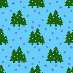 Seamless pattern. Image of green Christmas trees with balls and snowflakes on pastel blue backgrounds. Symbol of New Year and Christmas. Template for applying to surface. 3D image.3d rendering