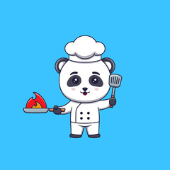 Cute panda chef holding spatula and Burning Frying Pan