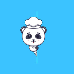 Cute panda chef peeking out behind blank sign