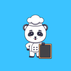 Cute panda chef standing beside an empty signboard