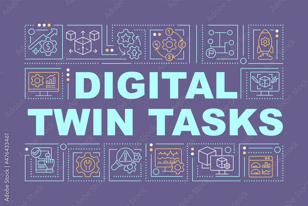 Poster digital twin applications word concepts purple banner. infographics with linear icons on background.