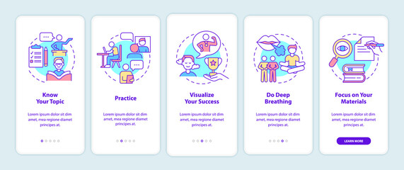 Overcoming fear of public speaking onboarding mobile app screen. Anxiety walkthrough 5 steps graphic instructions pages with linear concepts. UI, UX, GUI template. Myriad Pro-Bold, Regular fonts used - obrazy, fototapety, plakaty