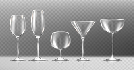 3d realistic vector icon. Transparent glasses for wine, coctail, cognac, champagne. Empty glasses. Isolated on transparent background.