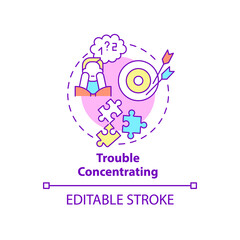 Trouble concentrating concept icon. Anxiety and mental disorder abstract idea thin line illustration. Isolated outline drawing. Editable stroke. Roboto-Medium, Myriad Pro-Bold fonts used