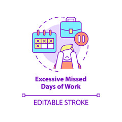 Excessive missed days of work concept icon. Stressed employee. Mental health abstract idea thin line illustration. Isolated outline drawing. Editable stroke. Roboto-Medium, Myriad Pro-Bold fonts used