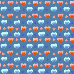 Fototapeta na wymiar Cute seamless pattern of hearts drawn by markers on a Steel Blue background. For fabric, sketchbook, wallpaper, wrapping paper, invitation.