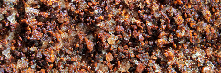 Face coffee scrub texture. Cream skincare cosmetic. Organic stroke. Feet oily cleanser smudge. Particles in gel. White background. Top view. Brown fluid treatment