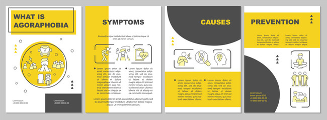 Agoraphobia yellow brochure template. Social anxiety disorder. Booklet print design with linear icons. Vector layouts for presentation, annual reports, ads. Arial, Myriad Pro-Regular fonts used