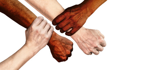 The hands of people of different nationalities and skin colors hold each other's wrists. The concept of tolerance, love and the fight against racism. Isolated white background.