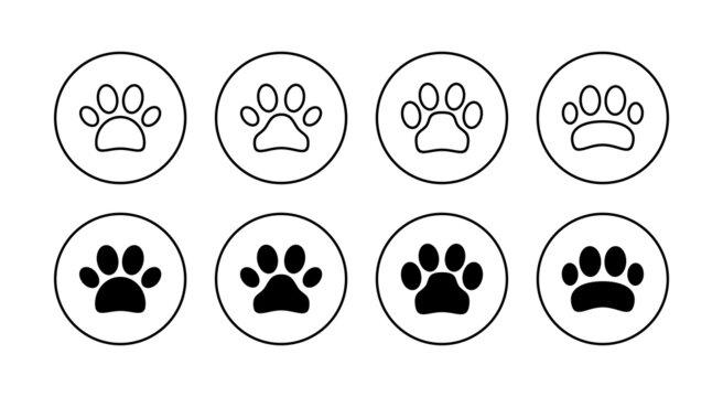 Paw icons set. paw print sign and symbol. dog or cat paw