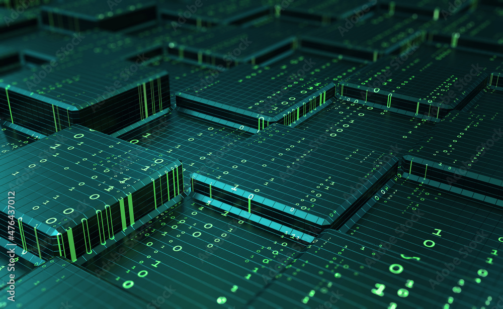 Poster Network, blockchain, binary code. Blocks of information, encoding and protection. Big data analytics and storage. Global information field 3d illustration
