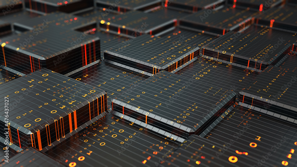 Aufkleber Network, blockchain, binary code. Blocks of information, encoding and protection. Big data analytics and storage. Global information field 3d illustration