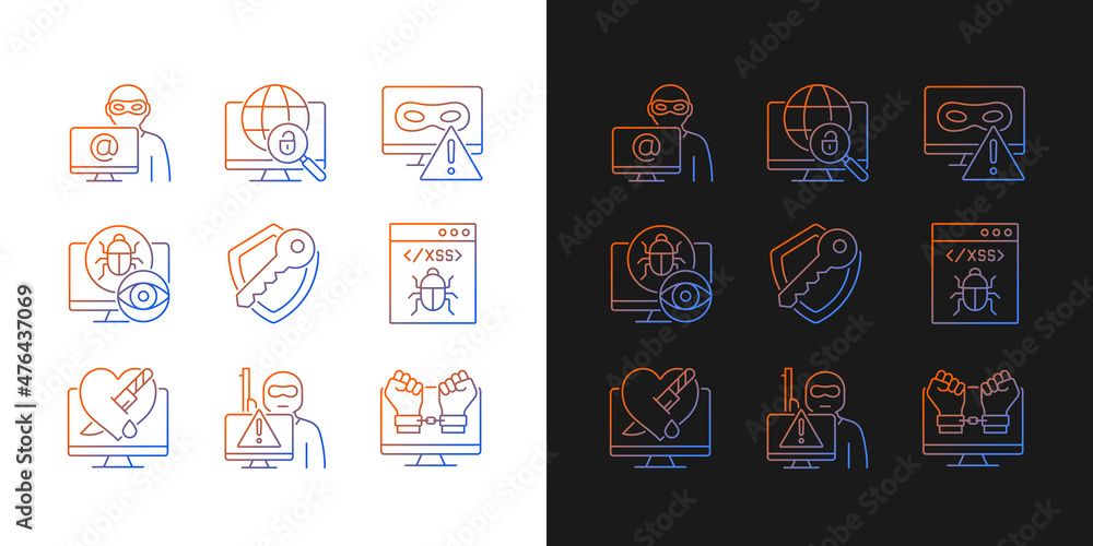 Aufkleber cyber attacks types gradient icons set for dark and light mode. network crash. spyware, rootkit. thi