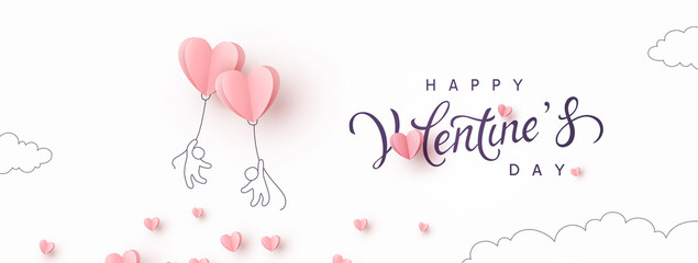 Valentine's Day postcard with people and pink flying balloons on white background. Romantic poster. Vector paper symbols of love in shape of heart for greeting card design - obrazy, fototapety, plakaty