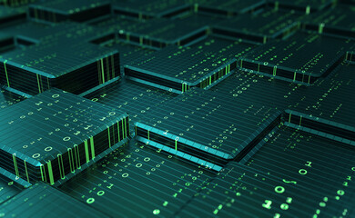 Network, blockchain, binary code. Blocks of information, encoding and protection. Big data analytics and storage. Global information field 3d illustration