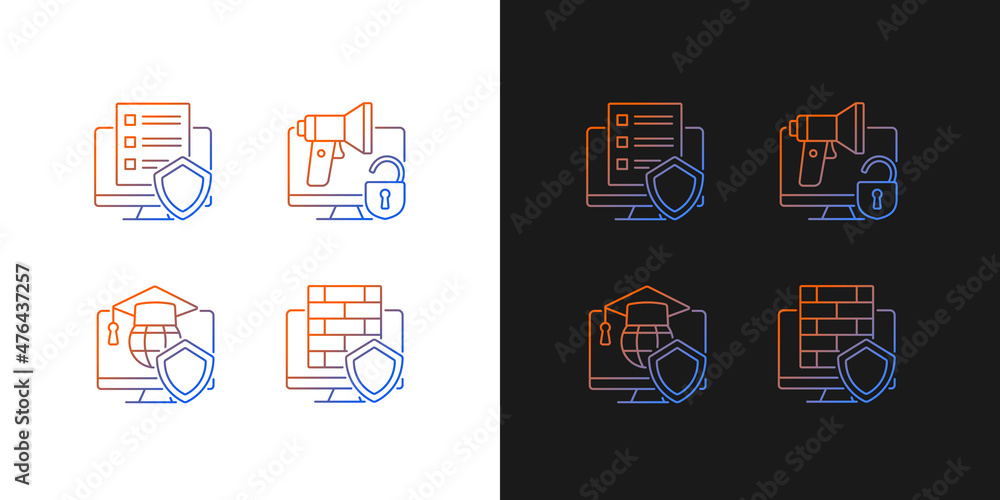 Aufkleber protect private data gradient icons set for dark and light mode. firewall and cyber policy. thin lin