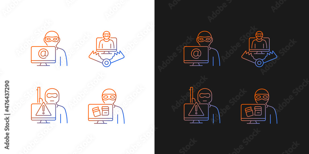 Poster cyber attacker gradient icons set for dark and light mode. cyberterrorism. cybercriminal trap. thin 