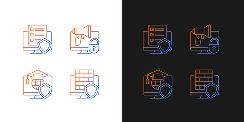 Protect private data gradient icons set for dark and light mode. Firewall and cyber policy. Thin line contour symbols bundle. Isolated vector outline illustrations collection on black and white