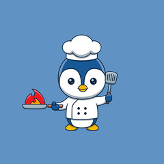 Cute penguin chef holding spatula and Burning Frying Pan