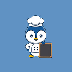 Cute penguin chef standing beside an empty signboard