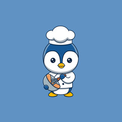 Cute penguin chef with whisk and mixing bowl