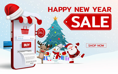 Online shopping in Merry Christmas, Happy new year theme with Santa Claus snowman and reindeer 3d perspective vector design. Trading online by credit card convenience to customers who use the service.