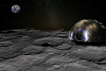 Moon surface near the lunar base, planet Earth rises above the horizon. Elements of this image furnished by NASA.