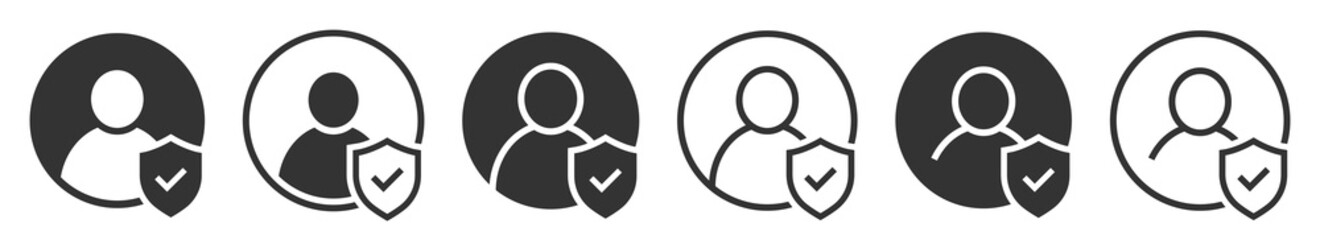 Set of user accept icons or account protection. Profile icon with checkmark and shield. Avatar check symbol. Account sign. Authentication security. Privacy vector. - obrazy, fototapety, plakaty