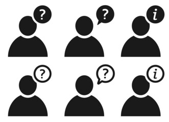 Set of user icons with question mark. User asking question. Problem, ask, information. Business person with question mark, speech bubble. Information signs.