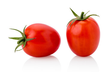 Two Principe Borghese red cherry tomato, datterino type isolated on white, copy space