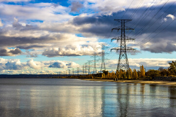 Power lines on the shore of lake Ontario,  in Hamilton beach,  Canada