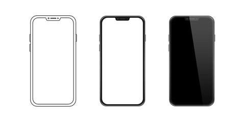 Set of different mobile phone mockup, template, realistic, line icon