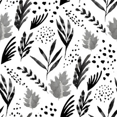 Fototapeta premium Seamless pattern with black watercolor foliage on white