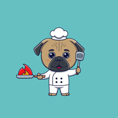 Cute pug dog chef holding spatula and Burning Frying Pan