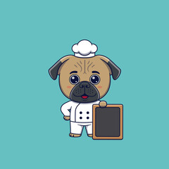 Cute pug dog chef standing beside an empty signboard