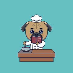 Cute pug dog chef cooking while looking at the recipe book