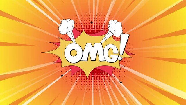 Animated comic pattern. omg text. Pop art Vintage background. orange and yellow rays halftone texture with dots. Cartoon splash effect. Retro wallpaper comics book style. superhero text, speech bubble
